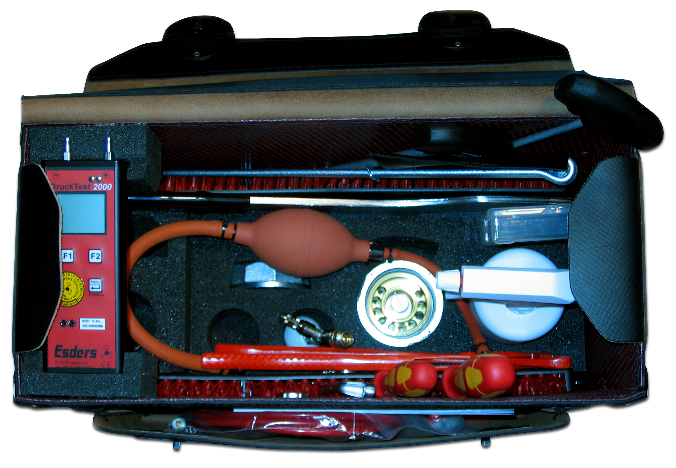 Werkzeugledertasche mit Einsatz für
DruckTest 2000, LeckOmiO, VibraGas