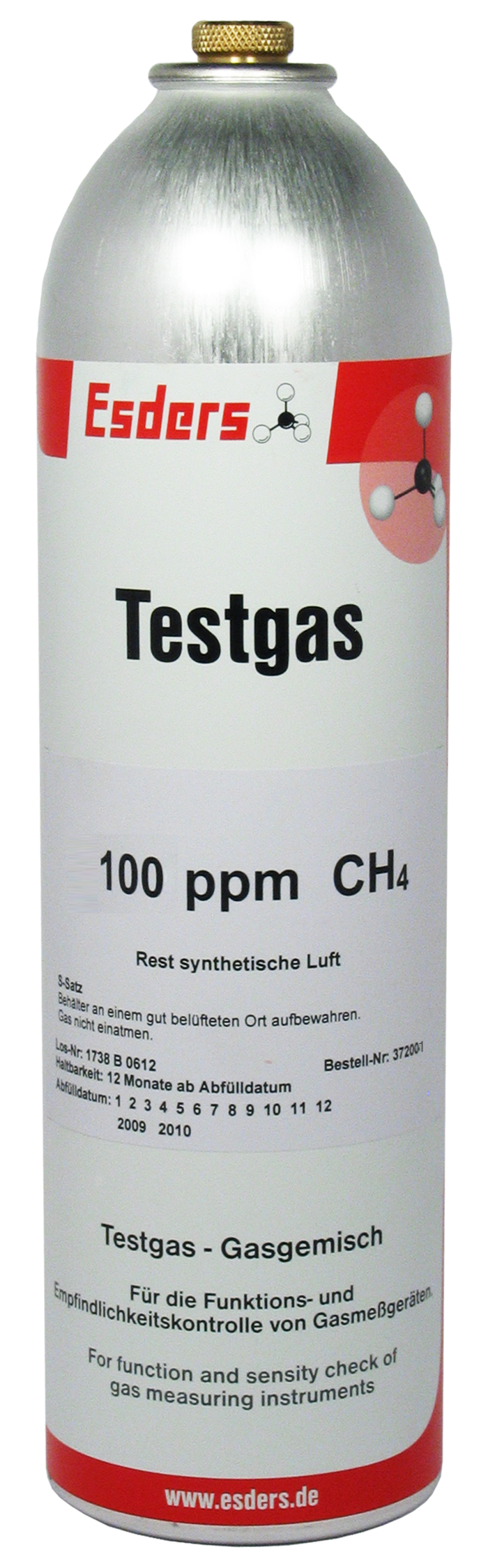 Testgas 100 ppm methaan 1 l, 12 bar