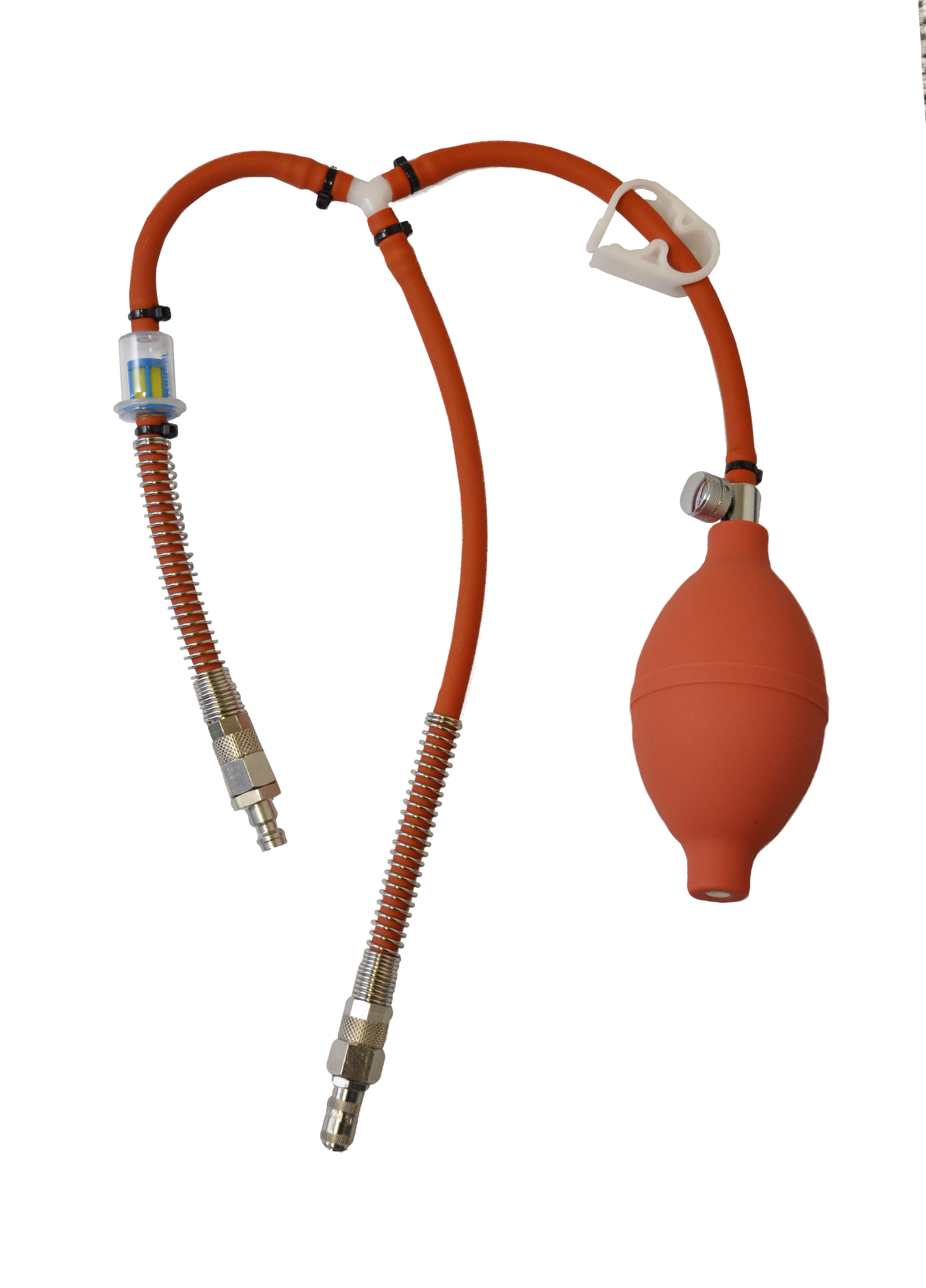 Hand pressure ball T-piece with fine adjustment valve and anti-kink springs