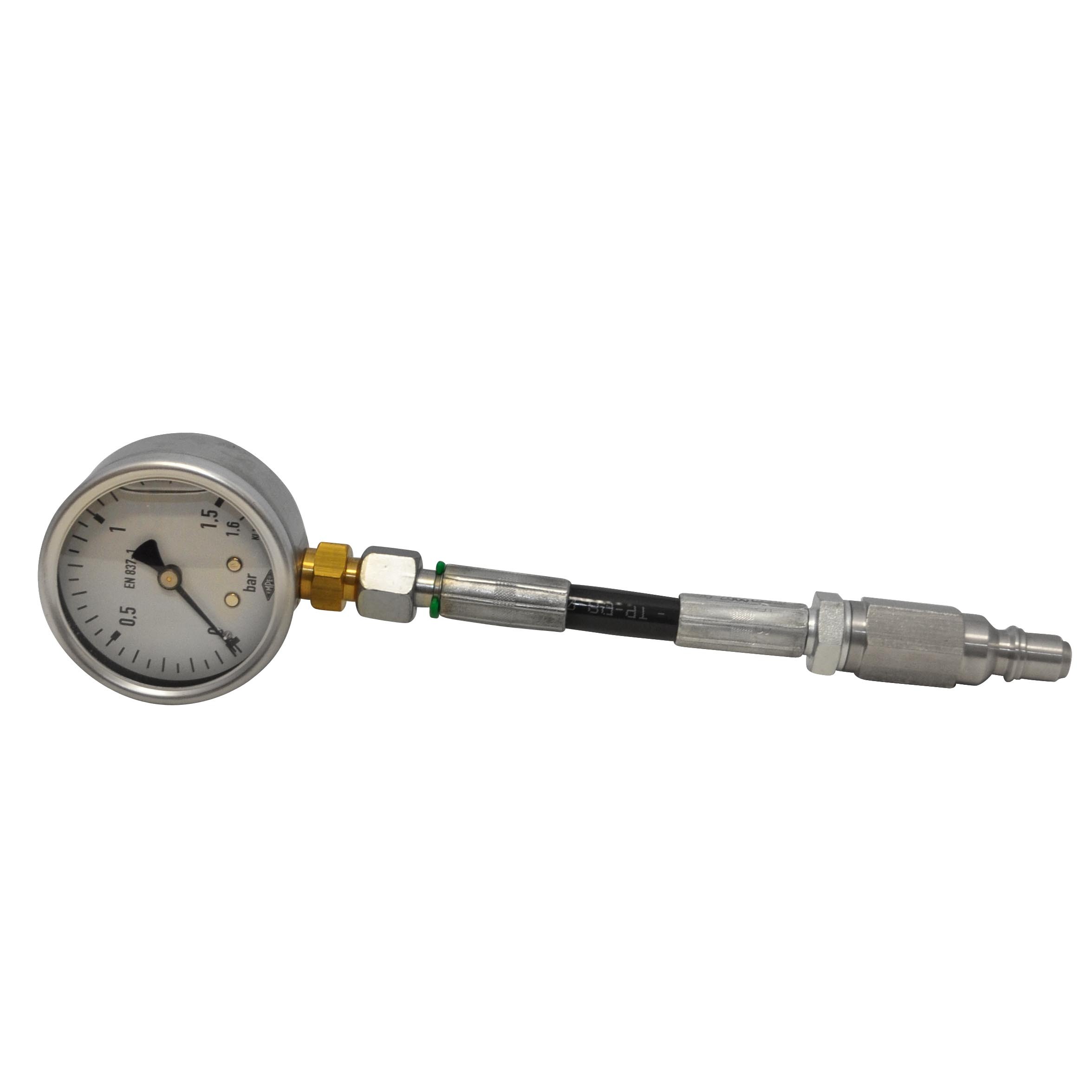 Manometer 0 - 1,6 bar, klasse 1,6 63mm glycerine gevuld Met aansluitnippel 2520 voor testkop.