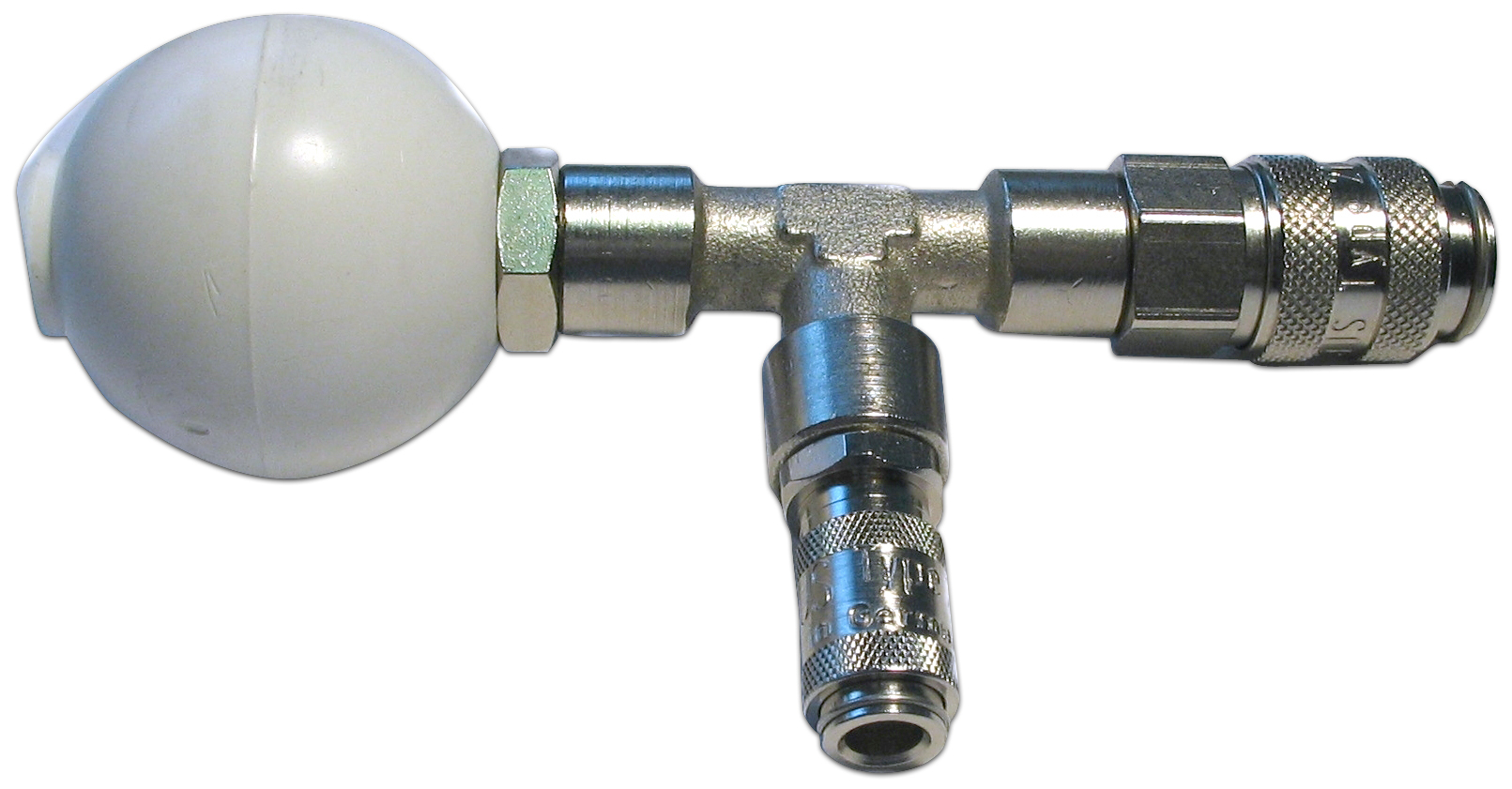 Safety shut valve connector  with sealing ball, flow restrictor + 2 quick-release coupling