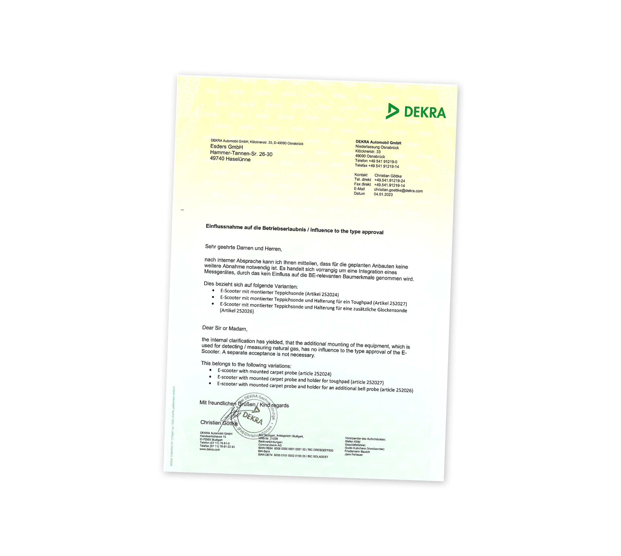 DEKRA Certificate E-Scooter